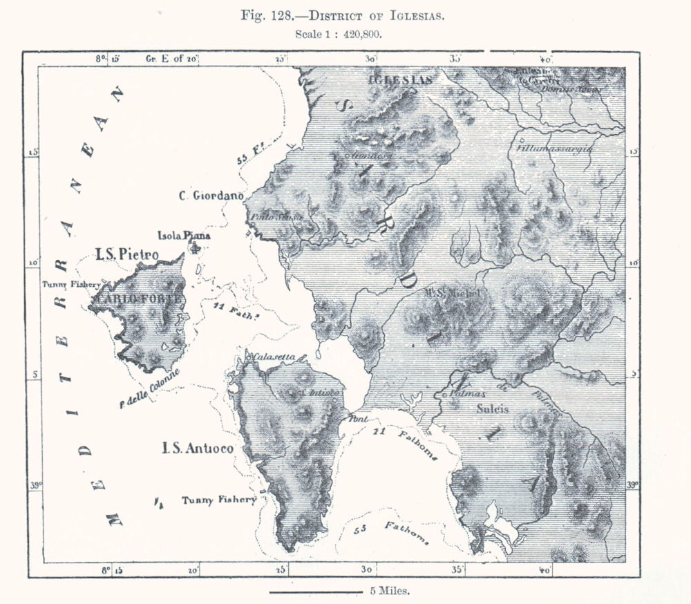 District of Iglesias. Carloforte Sant'Antioco. Sardinia. Sketch map 1885